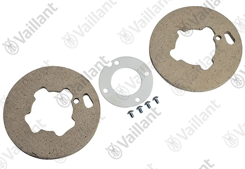 Vaillant Isolierplatten in runder Form, bestehend aus zwei mittig durchbrochenen Platten und einer konzentrischen Metallplatte, ergänzt durch Schrauben zur Befestigung.